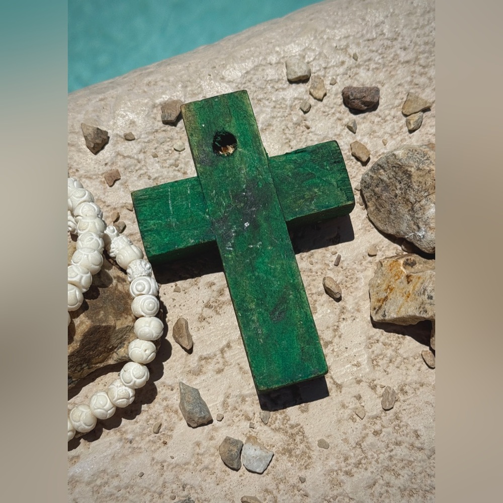 Milagros Silver Metal Charm Spanish Folk Art Painted Wood Cross-Turquoise Green - Picture 6 of 10